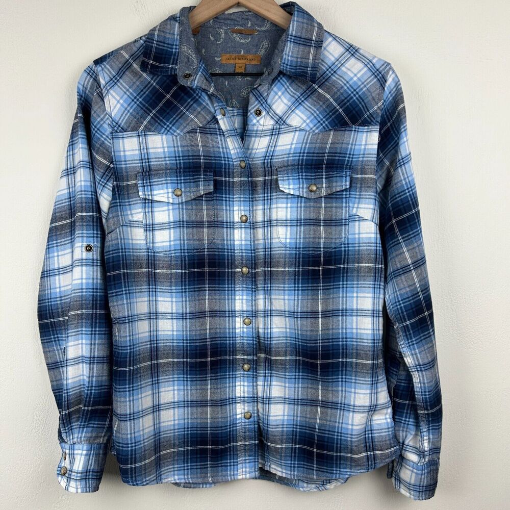 Jachs Girlfriend Flannel Shirt Womens XS Blue Pearl Snap Plaid Bae Ladies